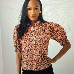 Trovata Peach Floral Puff Sleeve Button-Down Blouse